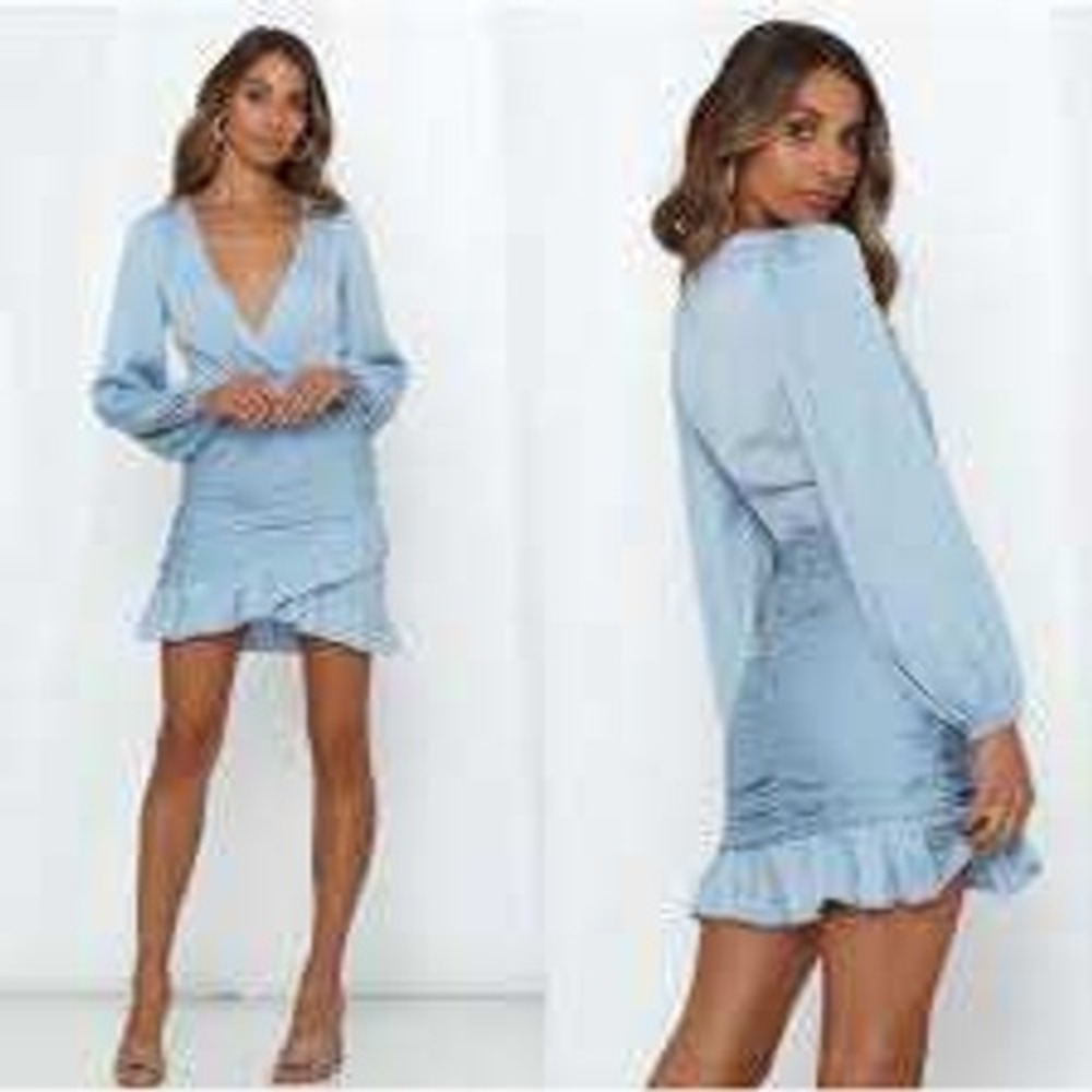 Hello Molly Blue Ruched Ruffle V Neck Long Sleeve Mini Dress Womens Size‎ S